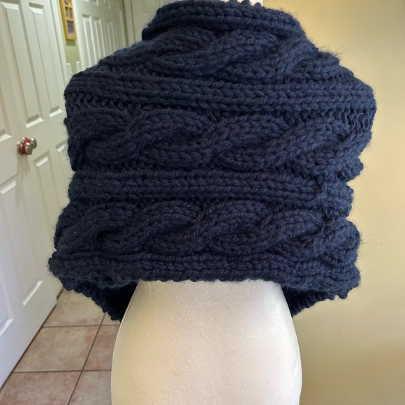 Handknit wrap, navy, cable pattern in Lion Brand’s wool ease. Celtic pin. 43x12” - Picture 3 of 3